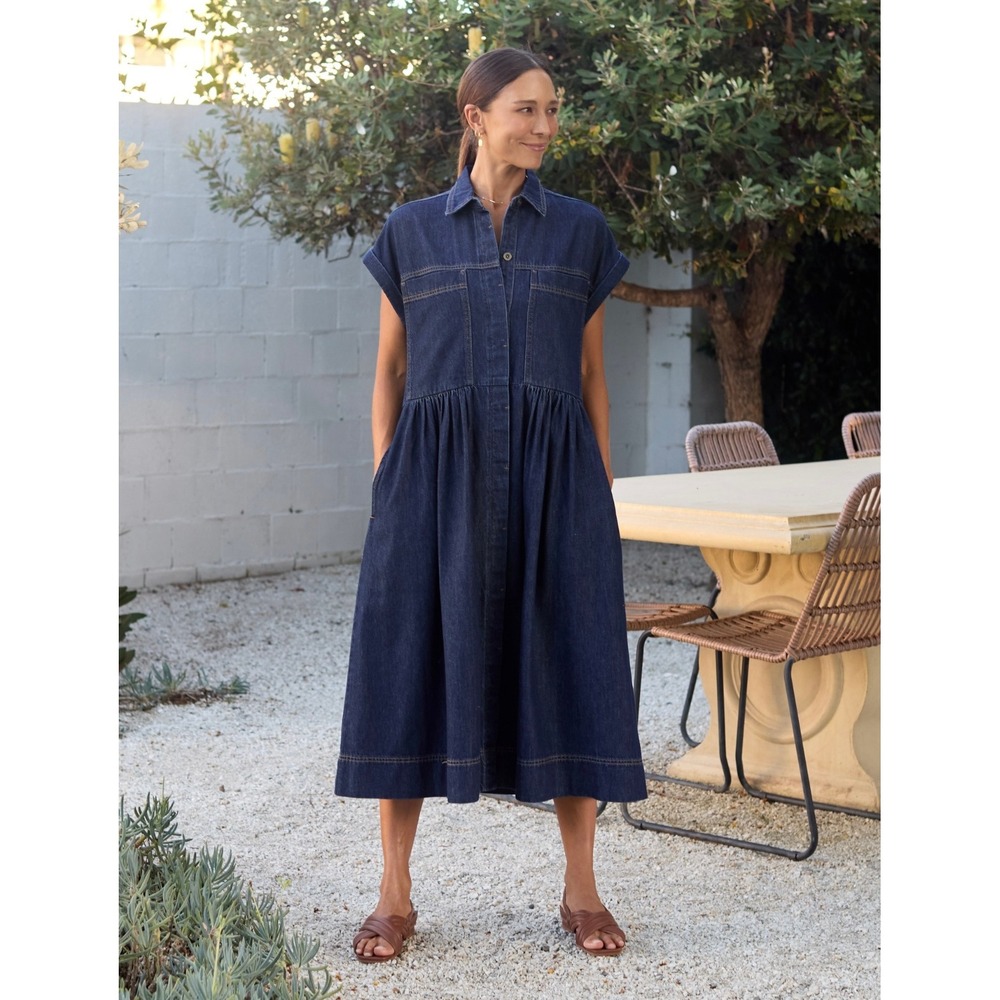 MAYE Harper Denim Dress Women XS Indigo Blue Button Front Midi Short Sleeve NEW